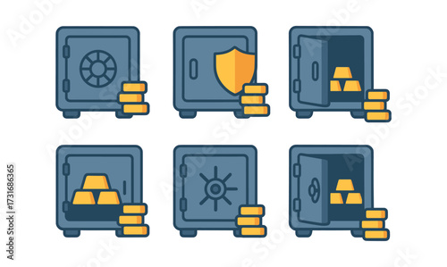 Isometric safe icons with gold bars and coins in different states
