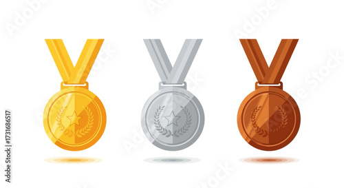 Three medals representing gold, silver and bronze awards and achievements