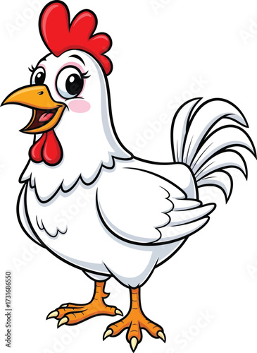 Happy cartoon white chicken standing proudly with open beak vector