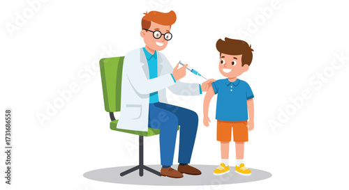A friendly male doctor in a white lab coat giving a vaccination shot to a brave young boy.