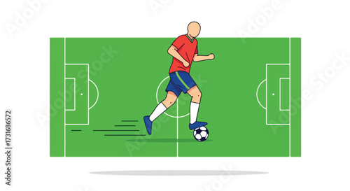 Dynamic Cartoon Soccer Player Dribbling on the Field, Preparing for a Shot Towards the Goal Area for a Game Plan with Green Background