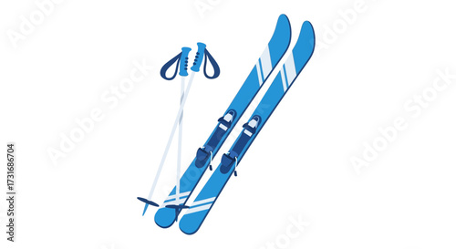 Vector illustration of blue skis and poles isolated on white backdrop
