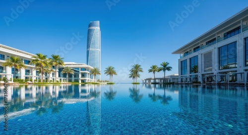 Luxurious hotel resort with infinity pool and towering skyscraper under a bright blue sky