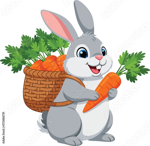 Happy easter bunny carrying a basket full of carrots vector