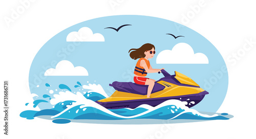A young woman wearing a life vest joyfully rides a yellow and purple jet ski splashing through ocean waves.