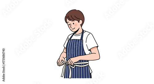 Illustration of a smiling person tying an apron preparing for cooking or cleaning demonstrating domestic activity with a cheerful demeanor