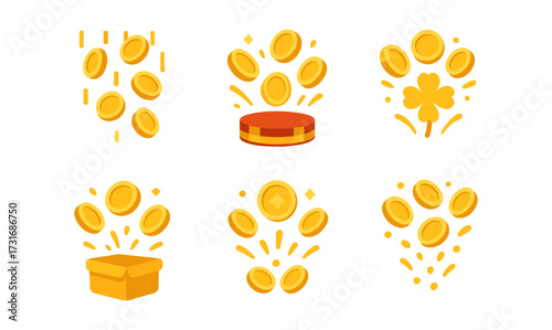 Golden coins falling with bonuses and lucky charm in flat style
