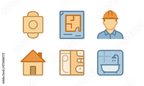 Construction and architecture icons: tools, plans, buildings, and worker