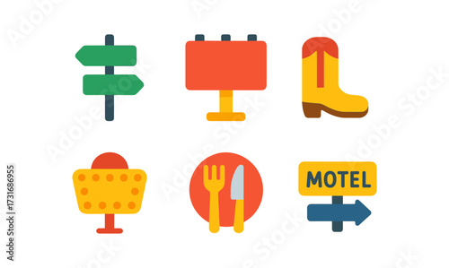 Colorful flat icons of road signs and travel essentials