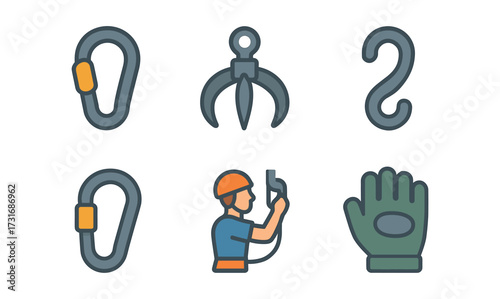 Industrial tools and safety equipment icons set in colorful flat design