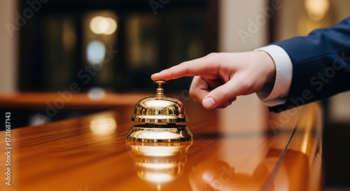 Hotel guest rings bell for service at the front desk reception