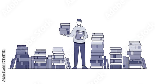 Person Surrounded by Piles of Books Representing Extensive Knowledge and Scholarly Pursuits in Education and Learning Environment