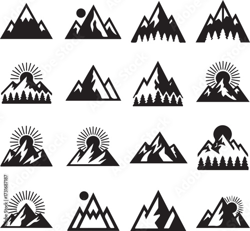 Majestic Mountain Silhouette Collection: A graphic compilation of rugged mountain silhouettes, each exuding strength and grandeur, ideal for designs celebrating nature's peaks.