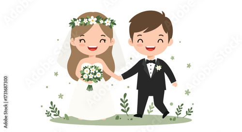 Cartoon Bride and Groom Holding Hands Smiling on Wedding Day.