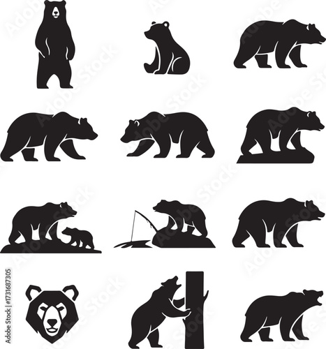 Silhouette of Bears: A collection of artistic silhouette of bear in multiple poses. Demonstrating a simple design style ideal for illustrating various scenarios and concepts.