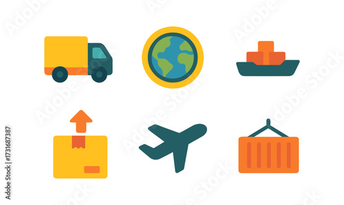 Colorful flat icons of global shipping and transport logistics