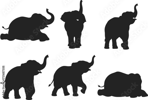 PrintElephant silhouette collection, wild animal poses, standing elephant, walking elephant, lying elephant, trunk raised, wildlife illustration, safari art, nature design, vector graphic
