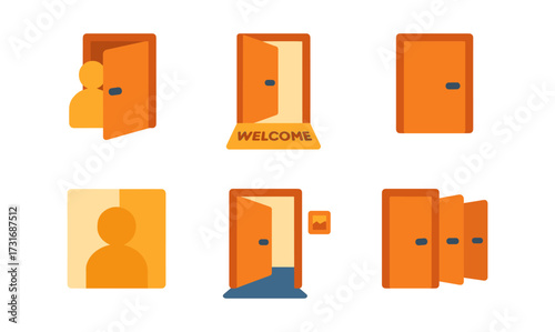 Flat design icons of orange doors and people emphasizing welcome and entry concepts