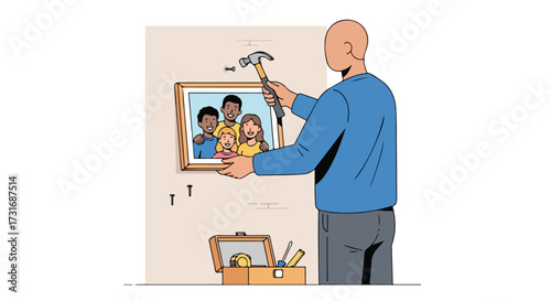Family memories in progress: A man hangs a picture of his beloved family on the wall with care and precision, capturing a moment of domesticity and