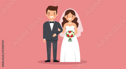 Cartoon illustration of a happy bride and groom in wedding attire.