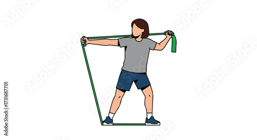 Woman in Athletic Gear Performing Resistance Band Exercise for Upper Body Strength, Health and Fitness Routine, Indoor Workout Routine