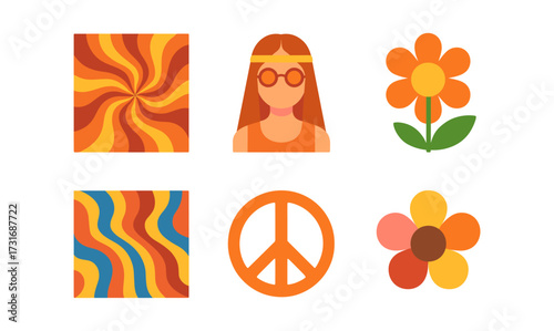 Retro hippie elements with peace sign, groovy patterns, and flowers in bright colors