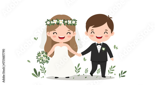 Cartoon Wedding Couple Holding Hands Bride in White Dress and Groom in Black Suit.