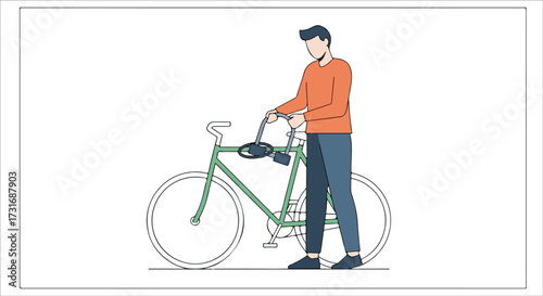 Stylized illustration featuring an anonymous figure with a bicycle on a white background plane, clean contemporary art