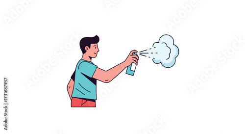 Cartoon Illustration of a Man Spraying an Aerosol Can with Cloud-Shaped Spray Action Visual