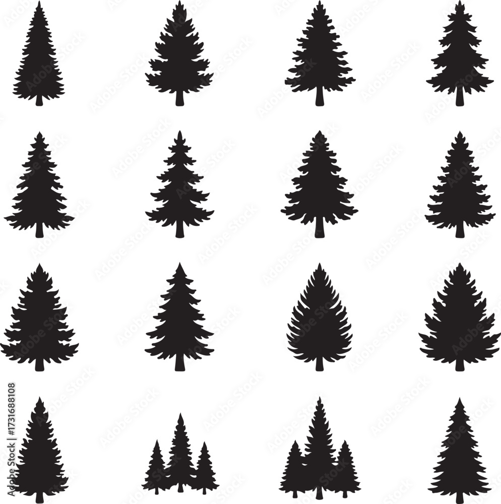 Fototapeta premium Evergreen Trees: A collection of elegant evergreen tree silhouettes, each exuding a sense of timeless beauty. These detailed representations capture the essence of the evergreen species