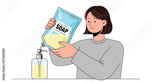 Illustration showing a woman refilling a soap dispenser with liquid soap from a refill pouch promoting hygiene practices and cost-effectiveness