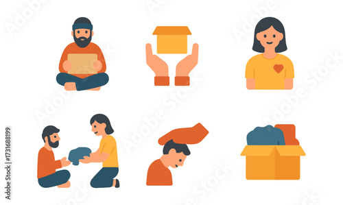 Charity icon set: donation and volunteering flat design collection