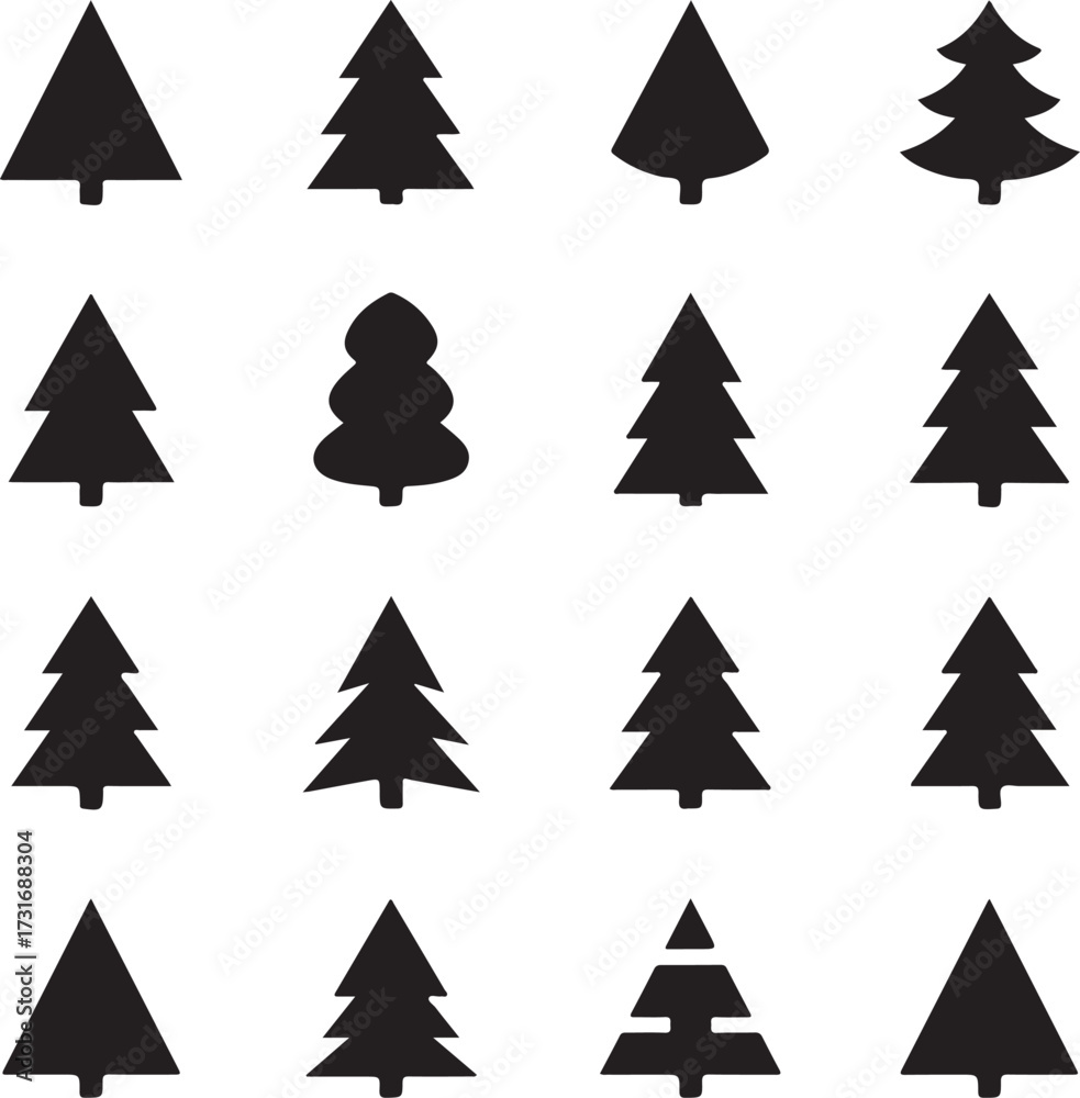 Obraz premium Tree silhouette array: An eye-catching array of diverse silhouette trees offers a myriad of forms, capturing the essence of nature's varied arboreal beauty in a monochromatic display.