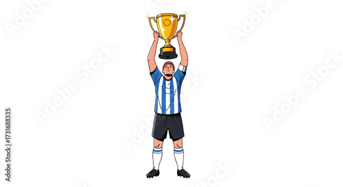 Champion's Triumph: A Vector Illustration of a Soccer Player Lifting the Gold Trophy in Victory Celebration moment