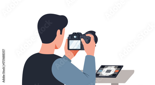 Young man uses professional camera with a tablet to take photos, flat vector isolated illustration with white background for design asset usage