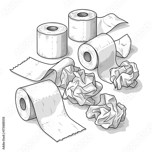Vector Illustration of Toilet Paper Rolls and Wrappers in Minimalist Style with Monochrome Gray Color Scheme