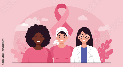 Diverse Women Supporting Breast Cancer Awareness with Pink Ribbon