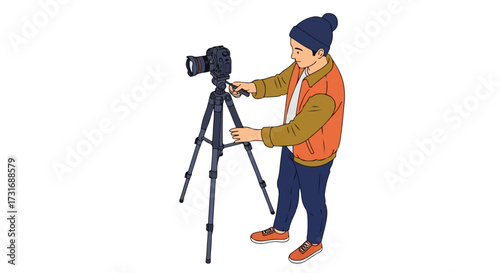 Cartoon depiction of a photographer adjusting a professional camera on a tripod for a photoshoot with precise equipment preparation