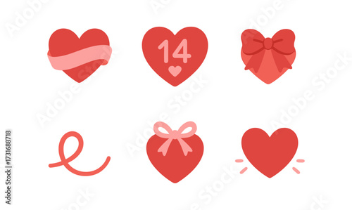 Valentine's day heart icons: bows, ribbons, number 14, simple flat design
