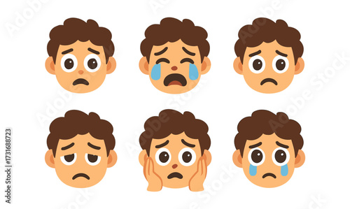 Cartoon expressions of sadness and tears in cute character faces