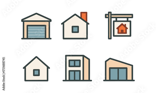 Minimalist house icons set: modern line art homes and real estate symbols