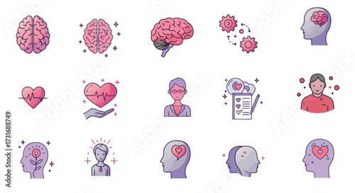 Illustrative compilation of brain wellness and mental health concepts in a modern style, perfect for websites, apps, or educational materials about wellness and psychology