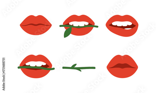 Flat lips icons with leaf and thorn variations