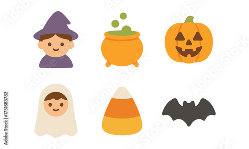 Cute halloween icon set with witch, pumpkin, ghost, candy corn, cauldron, bat