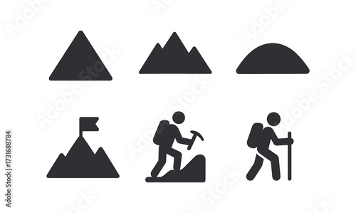 Silhouette hiking and mountain icons set for outdoor enthusiasts