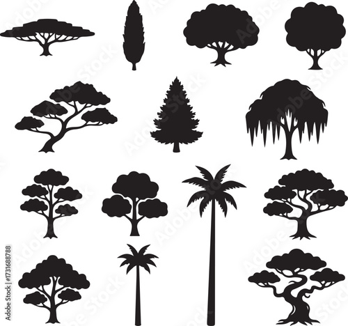 Diverse Tree Silhouettes Collection: A detailed compilation of different tree silhouettes, perfect for various design projects, showcasing a rich diversity of tree species.