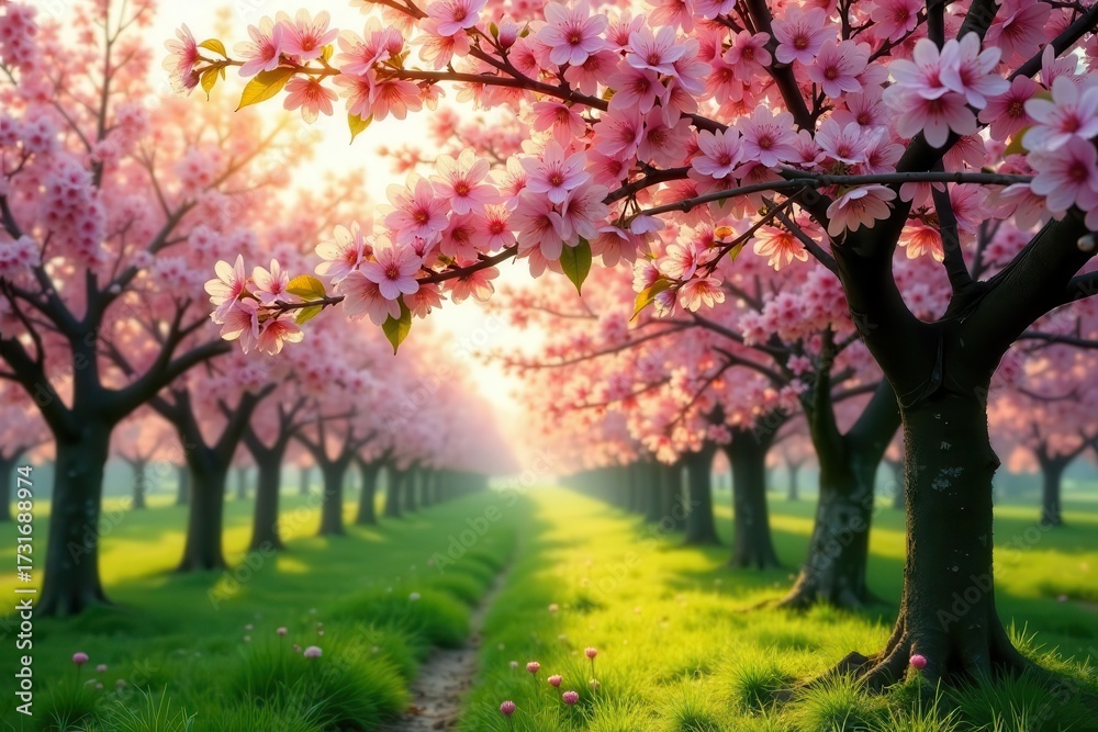 Naklejka premium Serene Pathway Through a Blossoming Orchard of Delicate Pink Flowers at Sunrise