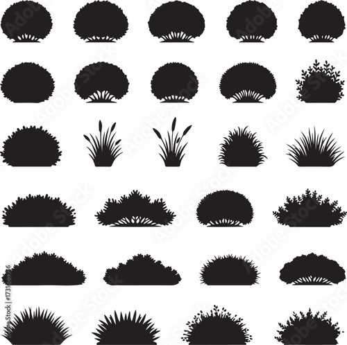 Silhouette of Various Shrub: A captivating array of stylized black silhouette of varied shrubbery designs, ready for landscape decoration.
