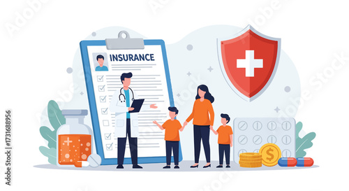 Family with Doctor Reviewing Insurance Policy and Protection.