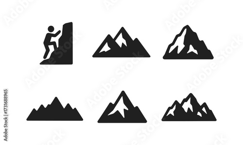 Minimalist icons of mountain peaks and rock climbing adventure symbols